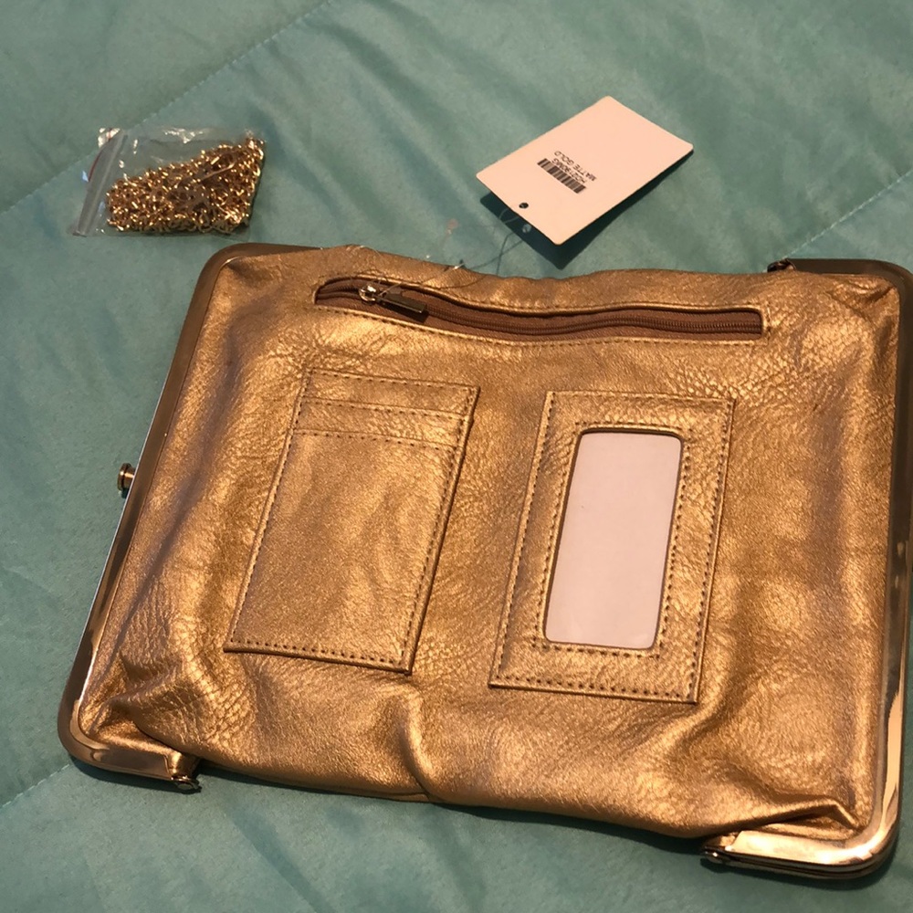 Gold Matte Clutch With Attachable Chain Gem
